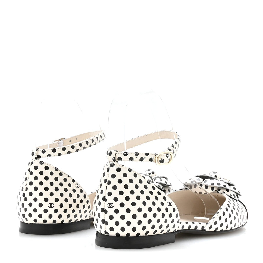 Calfskin Printed Patent Cap Toe Polka Dot Camellia Mary Jane Flats 36 White Black