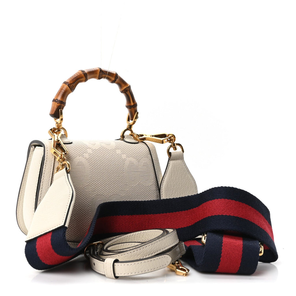 Monogram Jumbo GG Textured Dollar Calfskin Web Small Bamboo 1947 Top Handle Bag Off White