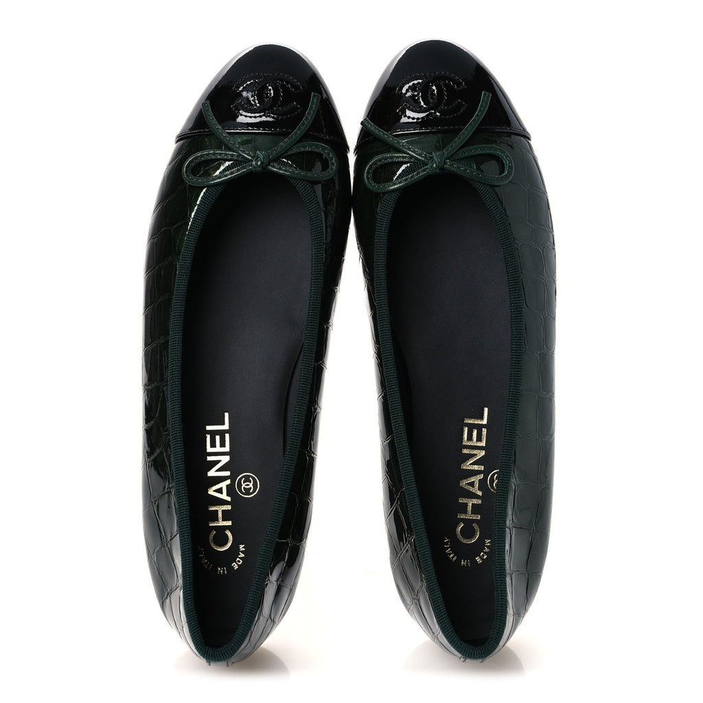 Crocodile Embossed Patent Calfskin Cap Toe CC Ballerina Flats 37.5 Dark Green Black