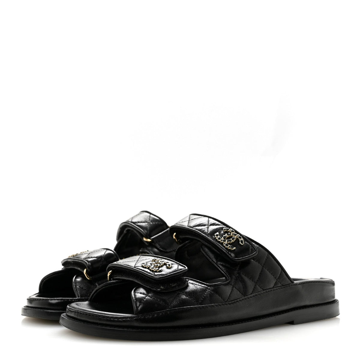 Lambskin Quilted Velcro Dad Chain CC Slide Sandals 36 Black