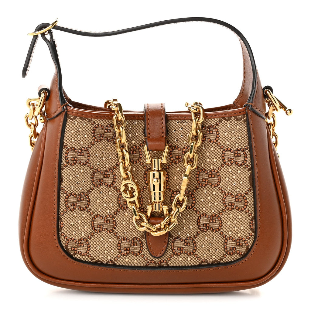 New Canvas Charisma Calfskin Crystal GG Monogram Mini Jackie 1961 Hobo Camel Ebony