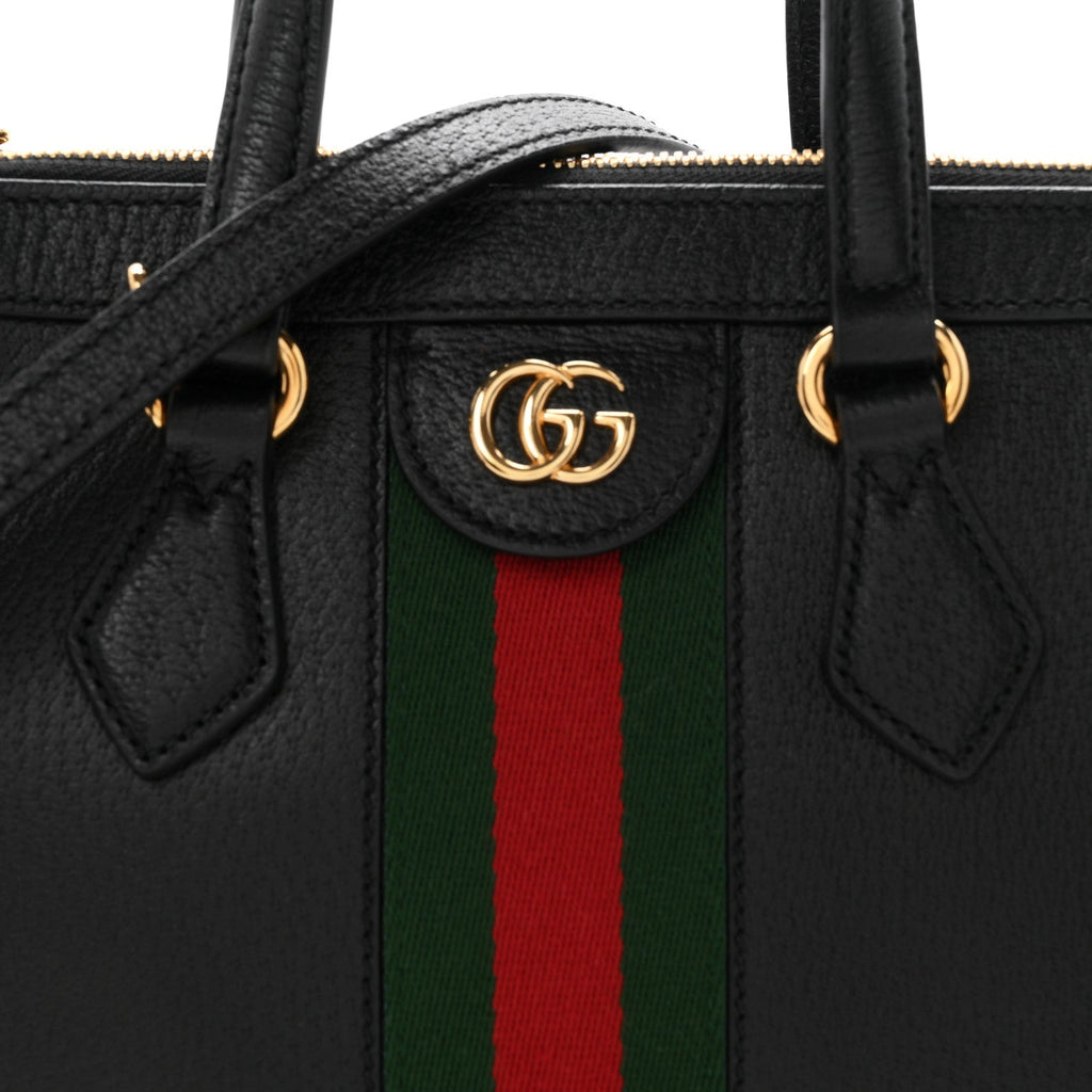 Textured Calfskin Web Small Ophidia Tote Bag Black