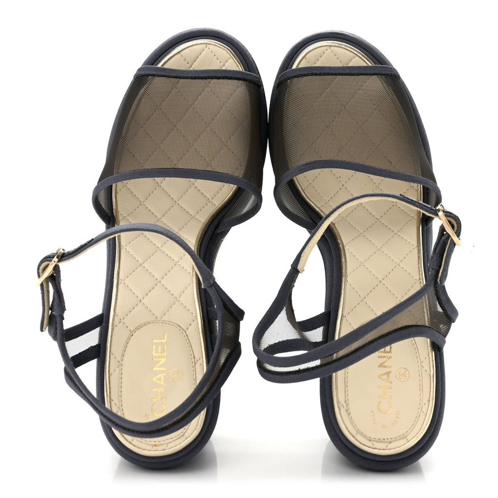 Mesh Grosgrain Wedge Sandals 37 Blue