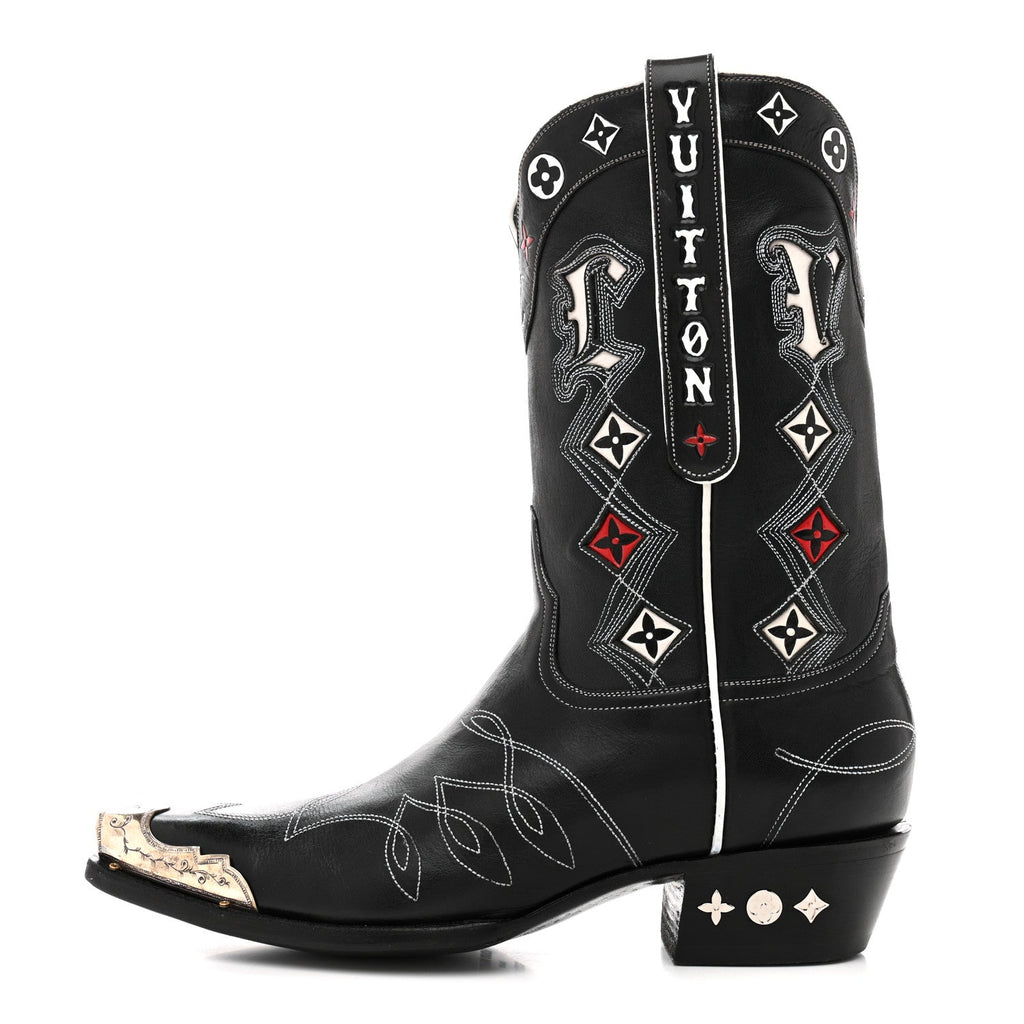 Calfskin LV Texan Mens Rider Boots 10.5 Black Silver