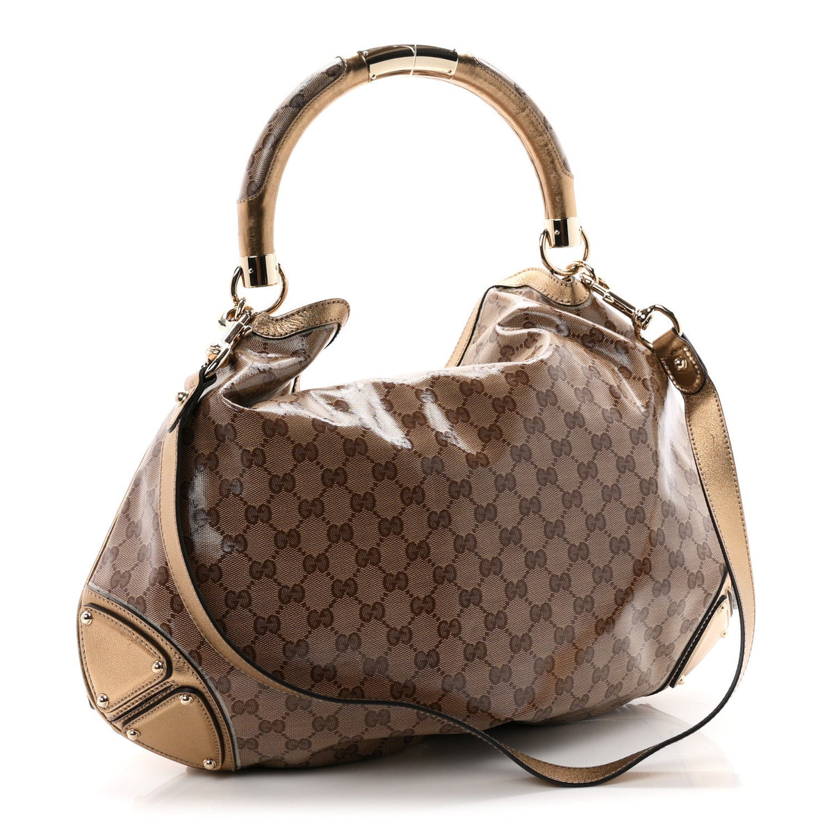 Crystal Monogram Metallic Calfskin Large Indy Top Handle Bag Beige Ebony Gold