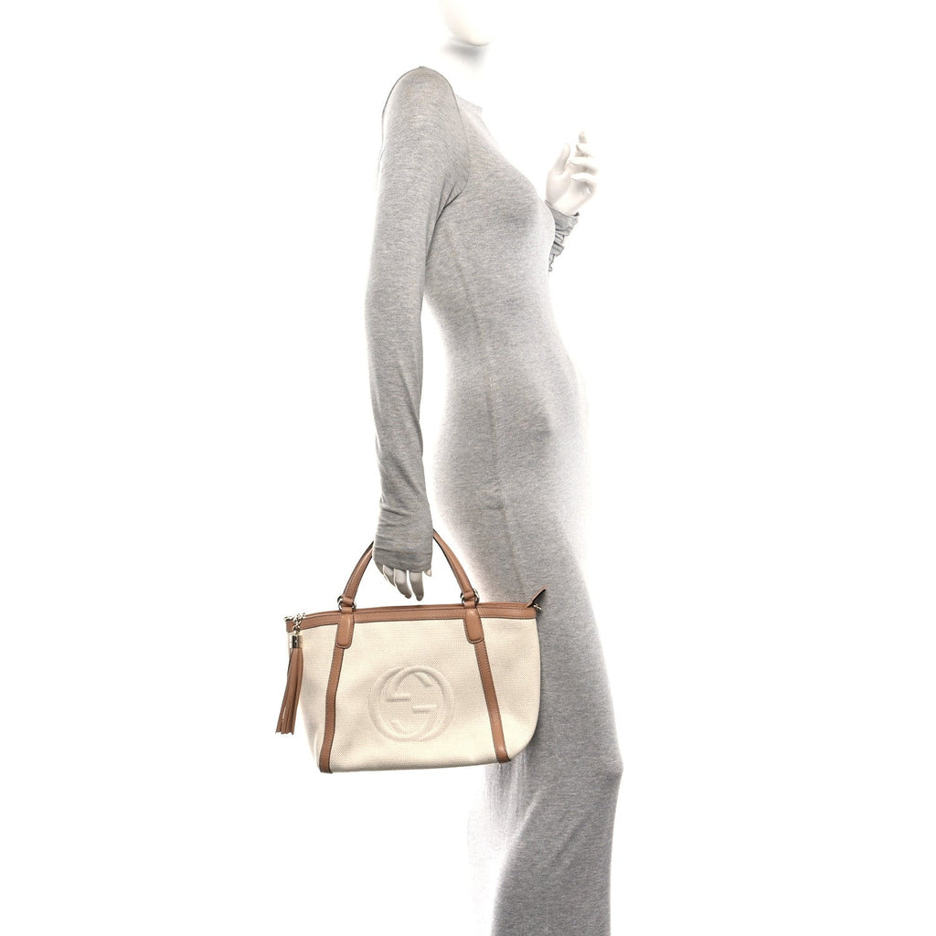 Linen Canvas Pebbled Calfskin Small Soho Top Handle Bag White Camelia
