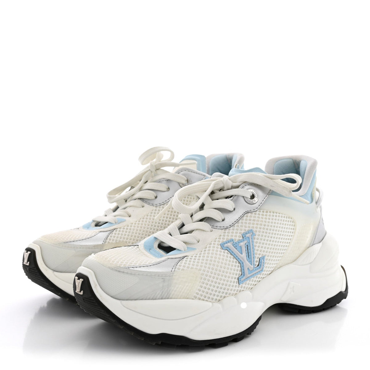 Metallic Calfskin Technical Mesh Rubber Run 55 Sneakers 36 Bleu Clair