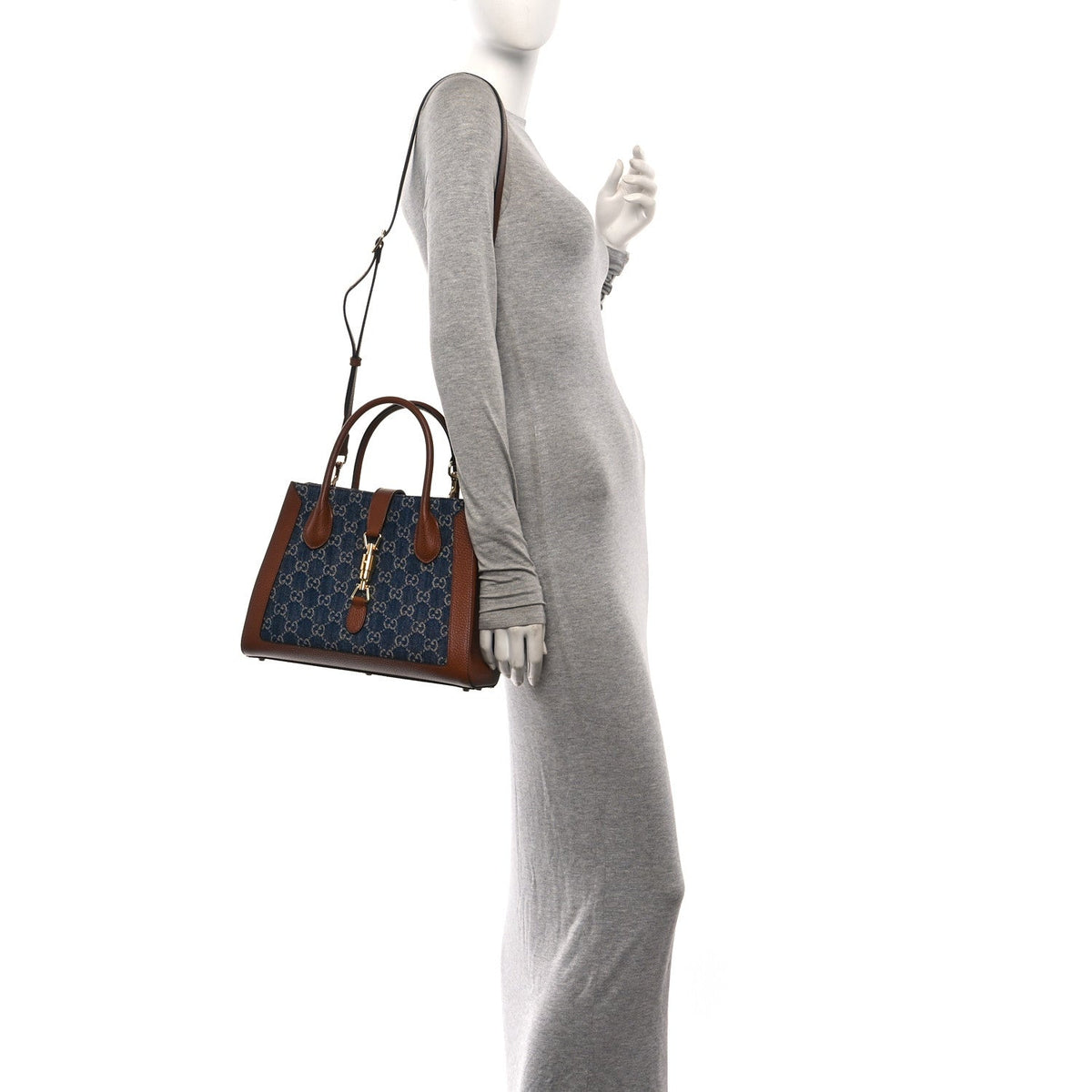New Denim GG Monogram Dollar Calfskin Medium Jackie 1961 Tote Blue Tea Cuir Epilog