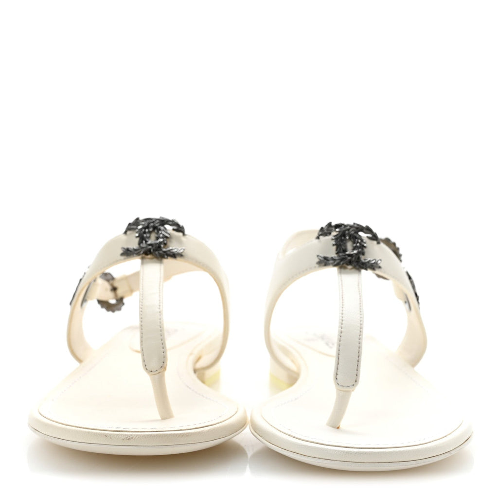 Lambskin CC Leaf Thong Sandals 36 White