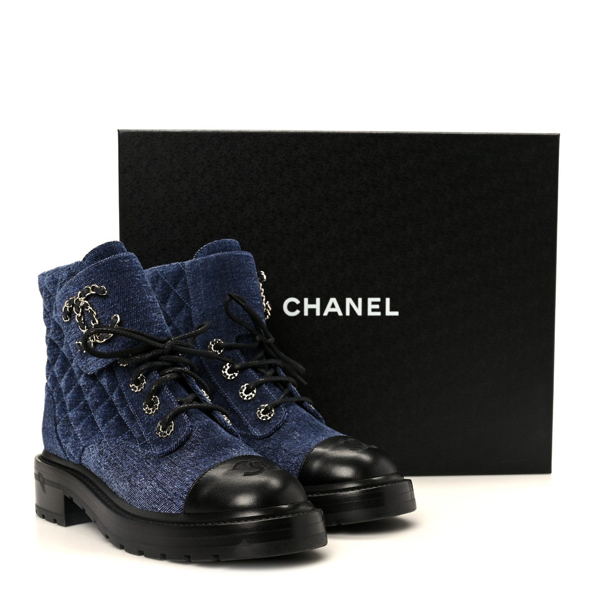 Shiny Calfskin Velvet Quilted Lace Up Combat Boots 37 Blue