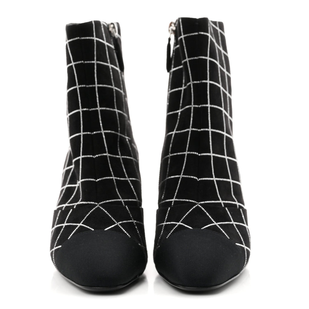 Suede Goatskin Grosgrain CC Short Boots 37.5 Black Silver
