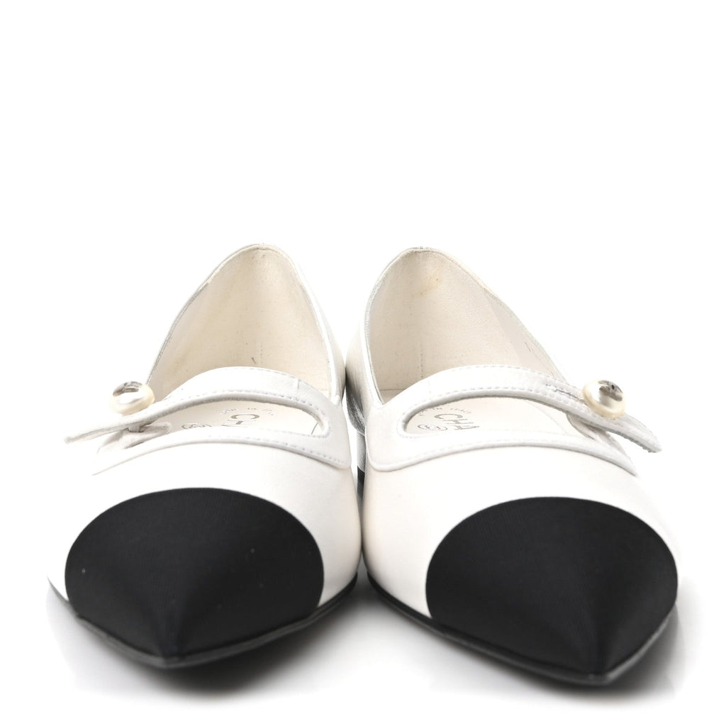 Shiny Lambskin Grosgrain Pearl Mary Janes Flats 37.5 White Black
