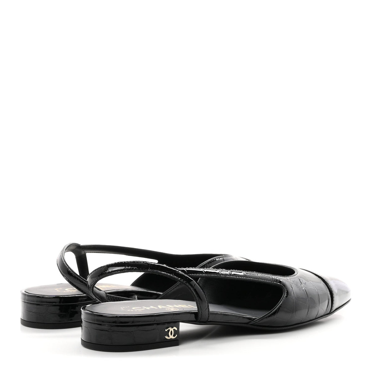 Crocodile Embossed Patent Calfskin Cap Toe CC Slingbacks 39 Black