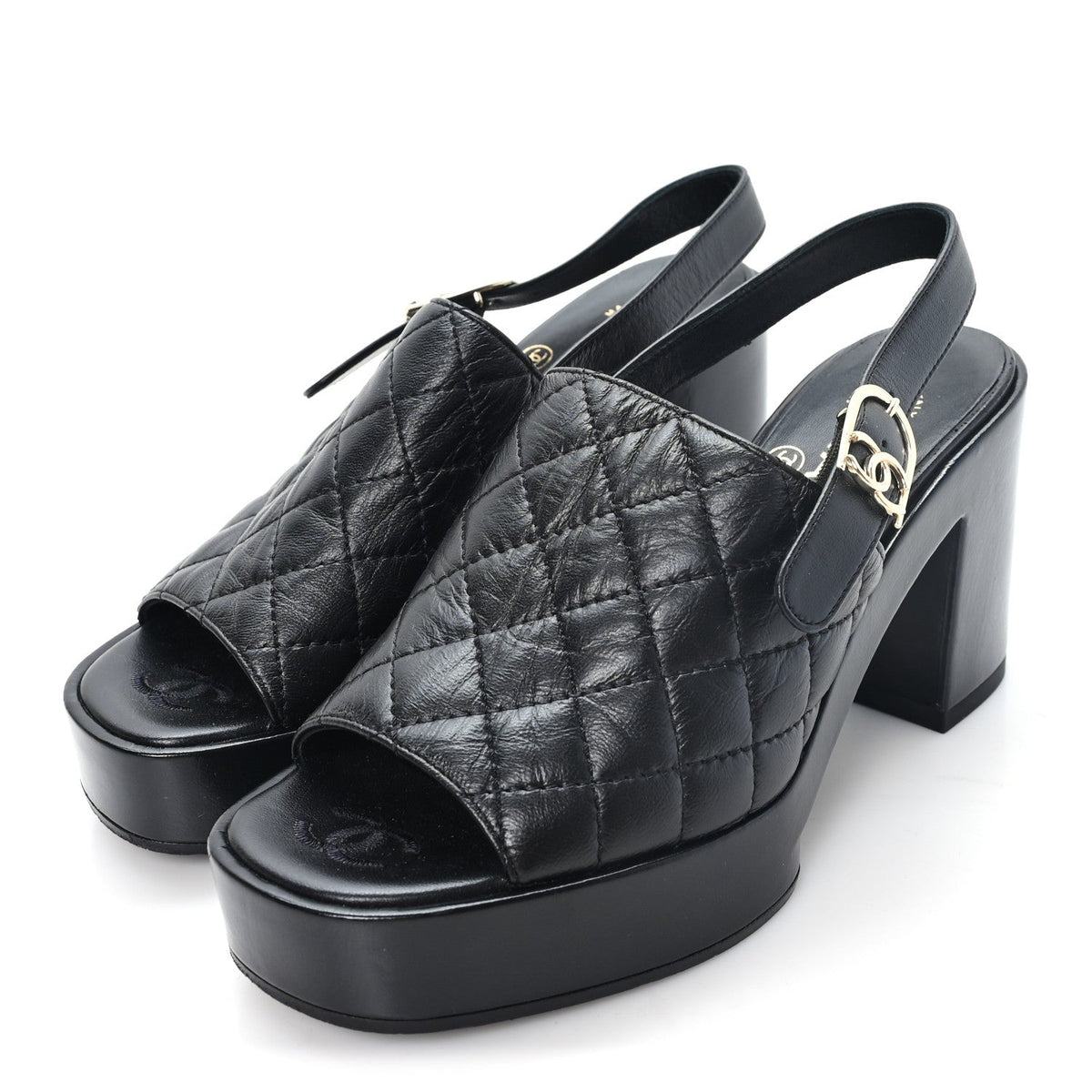 Lambskin Quilted Peep Toe Wedge Sandals 38 Black