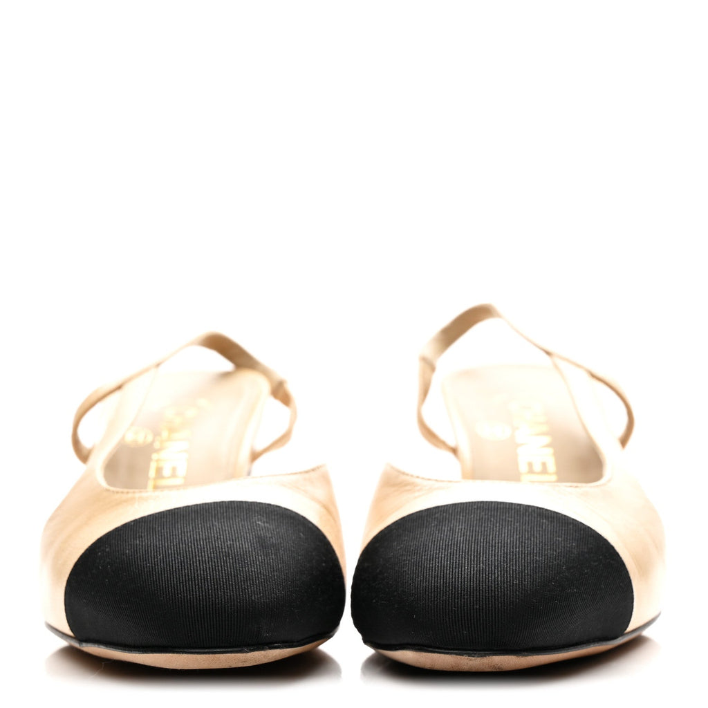 Goatskin Grosgrain Cap Toe CC Slingback Pumps 36.5 Beige Black