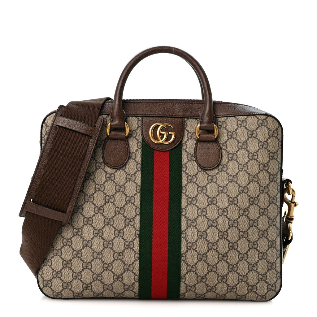 GG Supreme Monogram Textured Calfskin Web Medium Ophidia Briefcase Beige Ebony New Acero