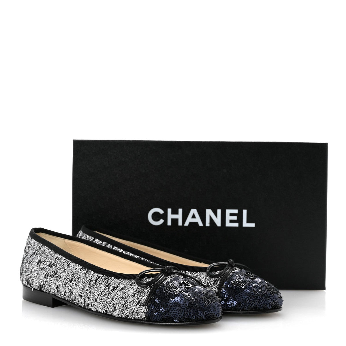 Tweed Sequin Cap Toe Ballerina Flats 35 Silver Black Blue