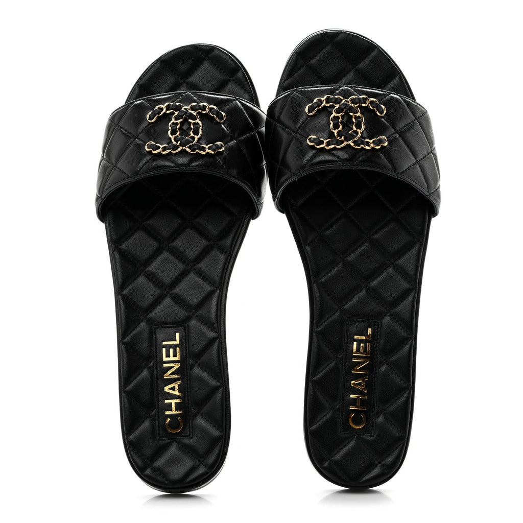 Shiny Goatskin Quilted CC Mules Sandals 39.5 Black