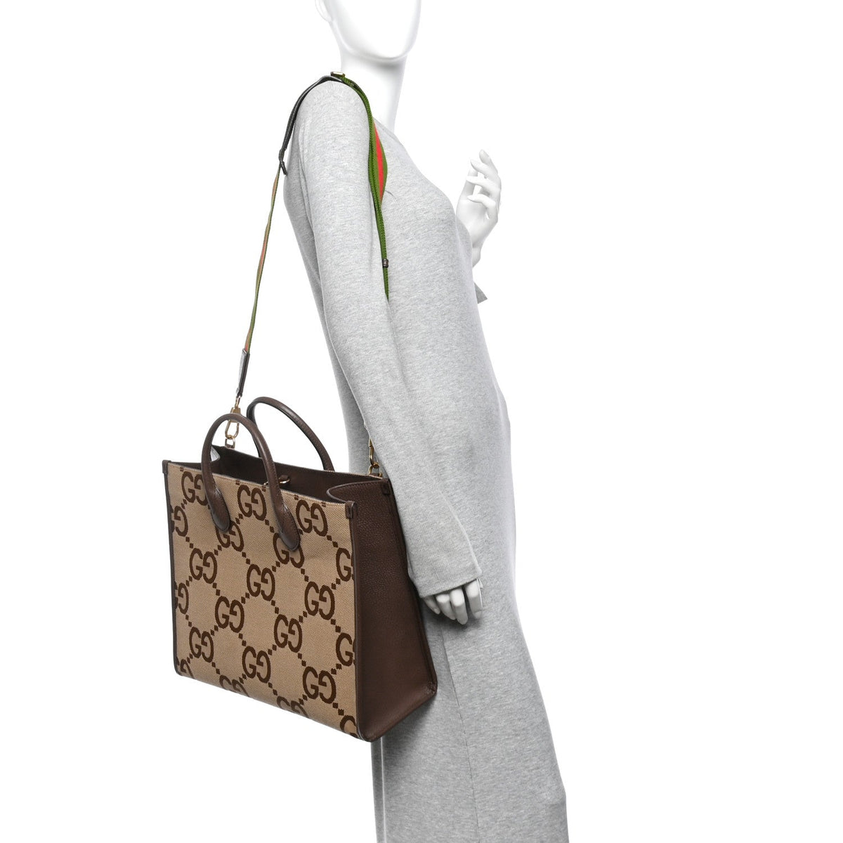 Monogram Jumbo GG Textured Dollar Calfskin Web Tote Bag Camel Ebony New Acero