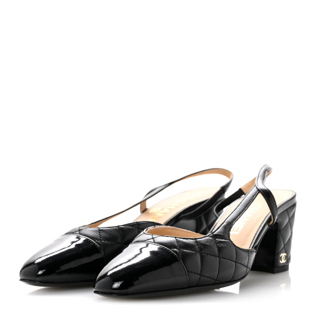 Lambskin Patent Calfskin Quilted Cap Toe CC Slingback Pumps 35.5 Black