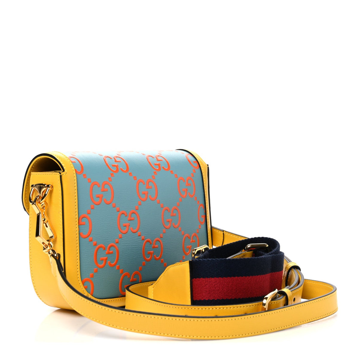 Azalea Calfskin GG Monogram Bi-Color Debossed Mini Horsebit 1955 Shoulder Bag Dusty Azure Stone Topaz Deep Orange