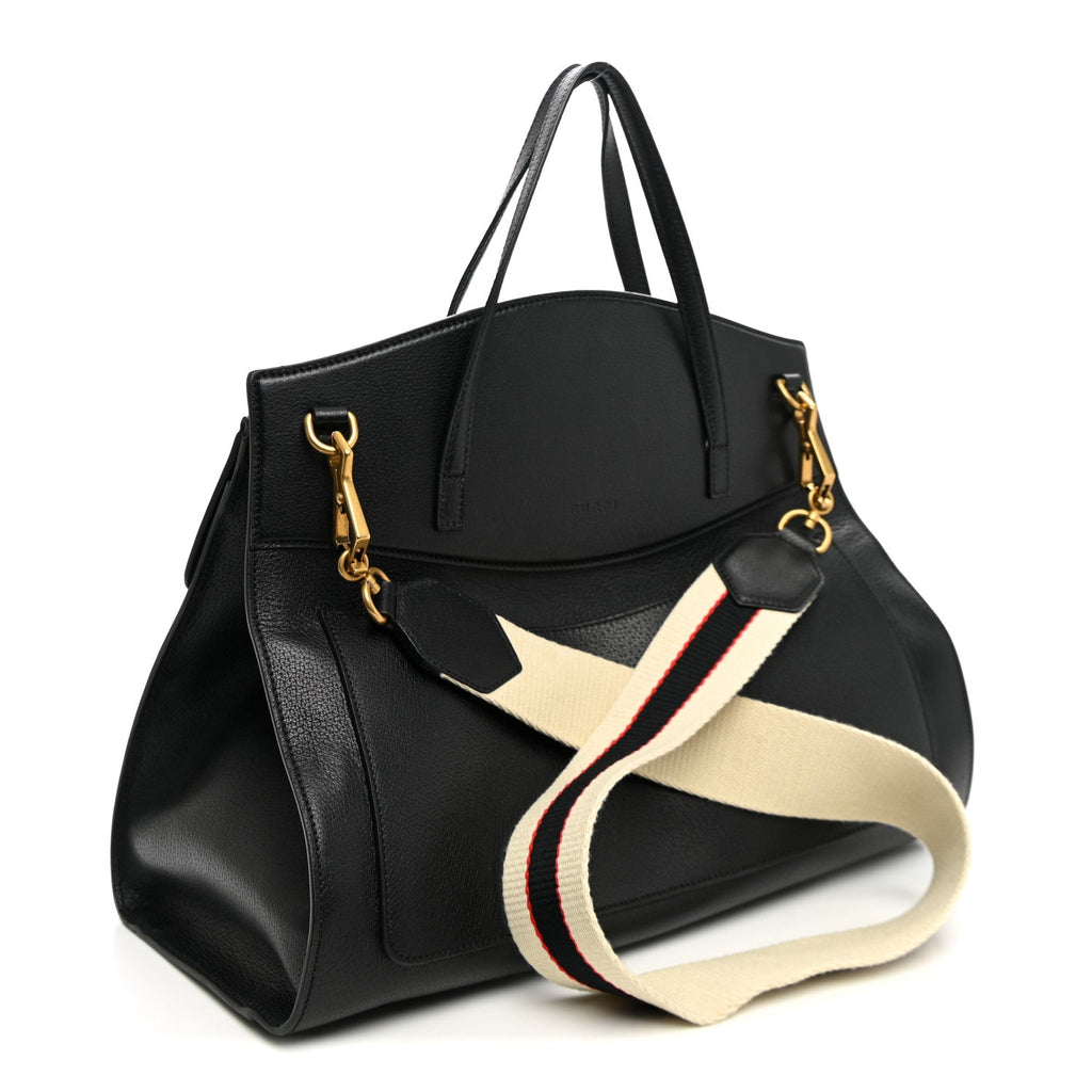 Grained Calfskin Web Crystal Butterfly Stripe Large Totem Top Handle Bag Black