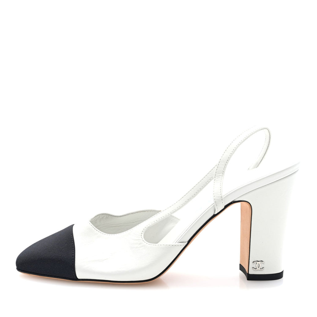 Goatskin Grosgrain Cap Toe CC Slingback Pumps 39 White Black