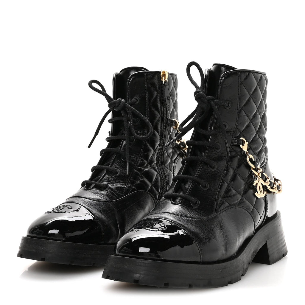 Shiny Calfskin Patent Quilted Chain Lace Up Combat Boots 40.5 Black