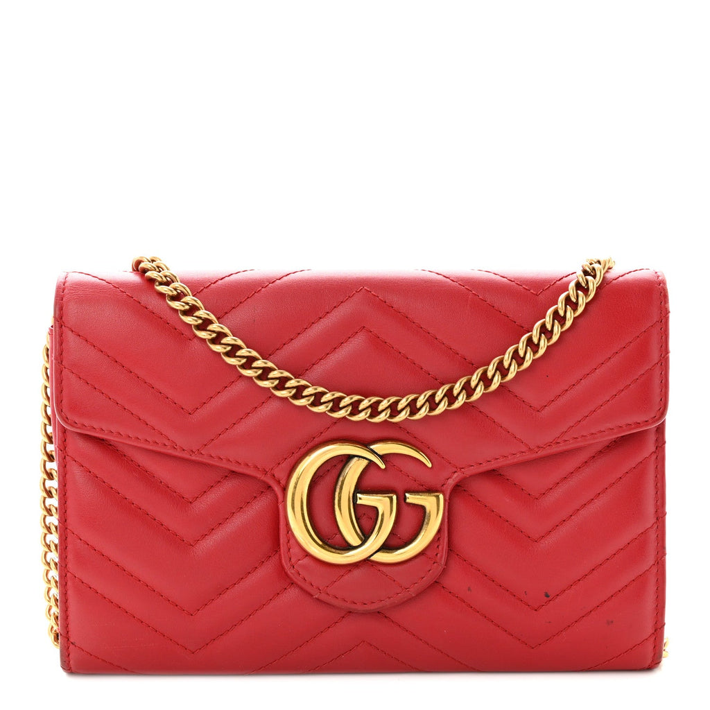 Calfskin Matelasse Mini GG Marmont Chain Wallet Hibiscus Red