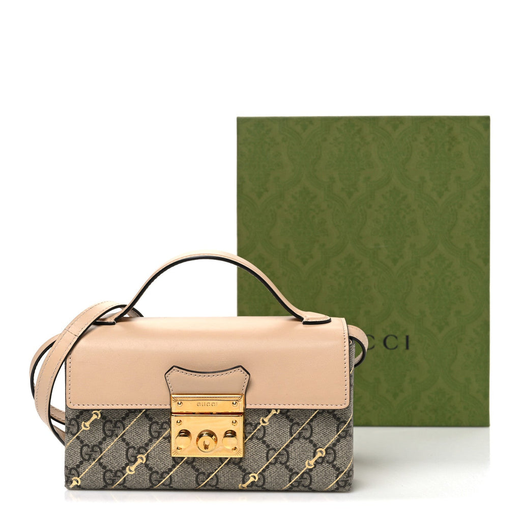 GG Supreme Monogram Calfskin Horsebit Print Mini Padlock Top Handle Shoulder Bag Beige Ebony Light Pink