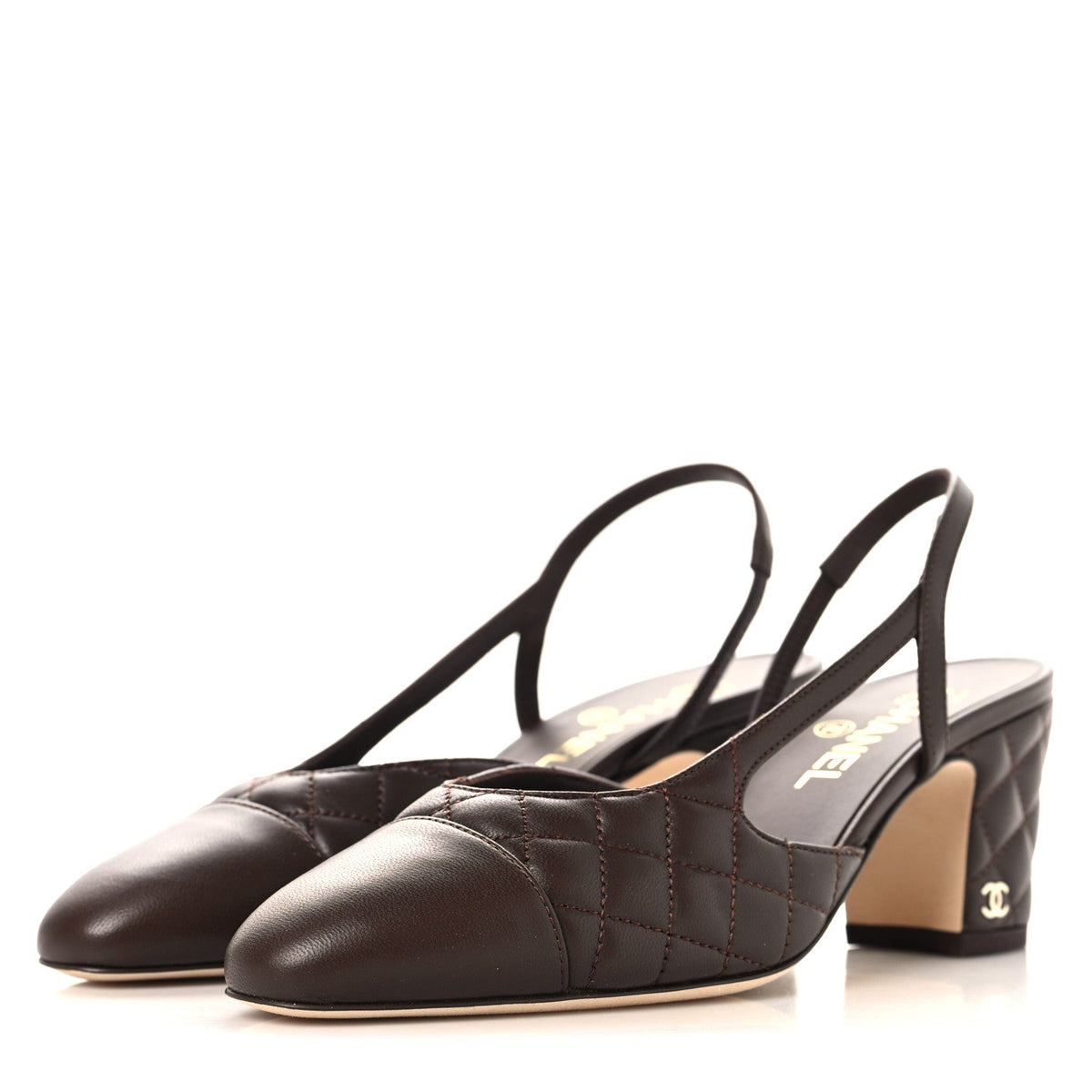 Lambskin Quilted Cap Toe CC Slingback Pumps  37.5 Brown