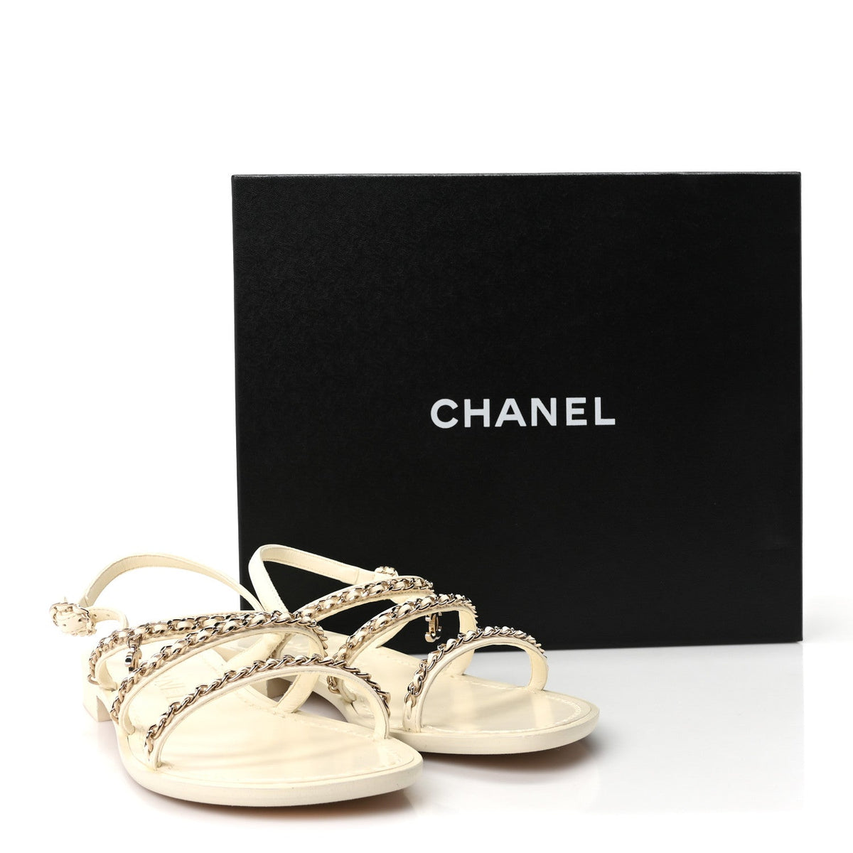 Lambskin CC Chain Flat Sandals 36.5 Ivory