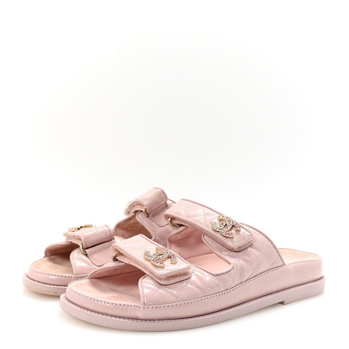 Shiny Calfskin Crystal Quilted Velcro Dad CC Slide Sandals 39 Light Pink
