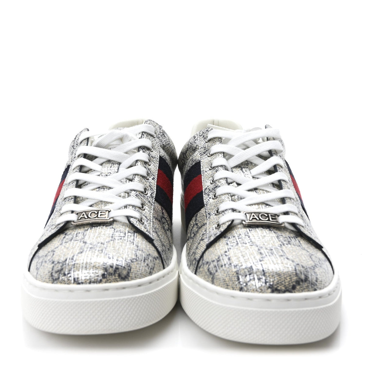 GG Supreme Monogram Metal Web Mens Ace Sneakers 7.5 Beige Blue Silver