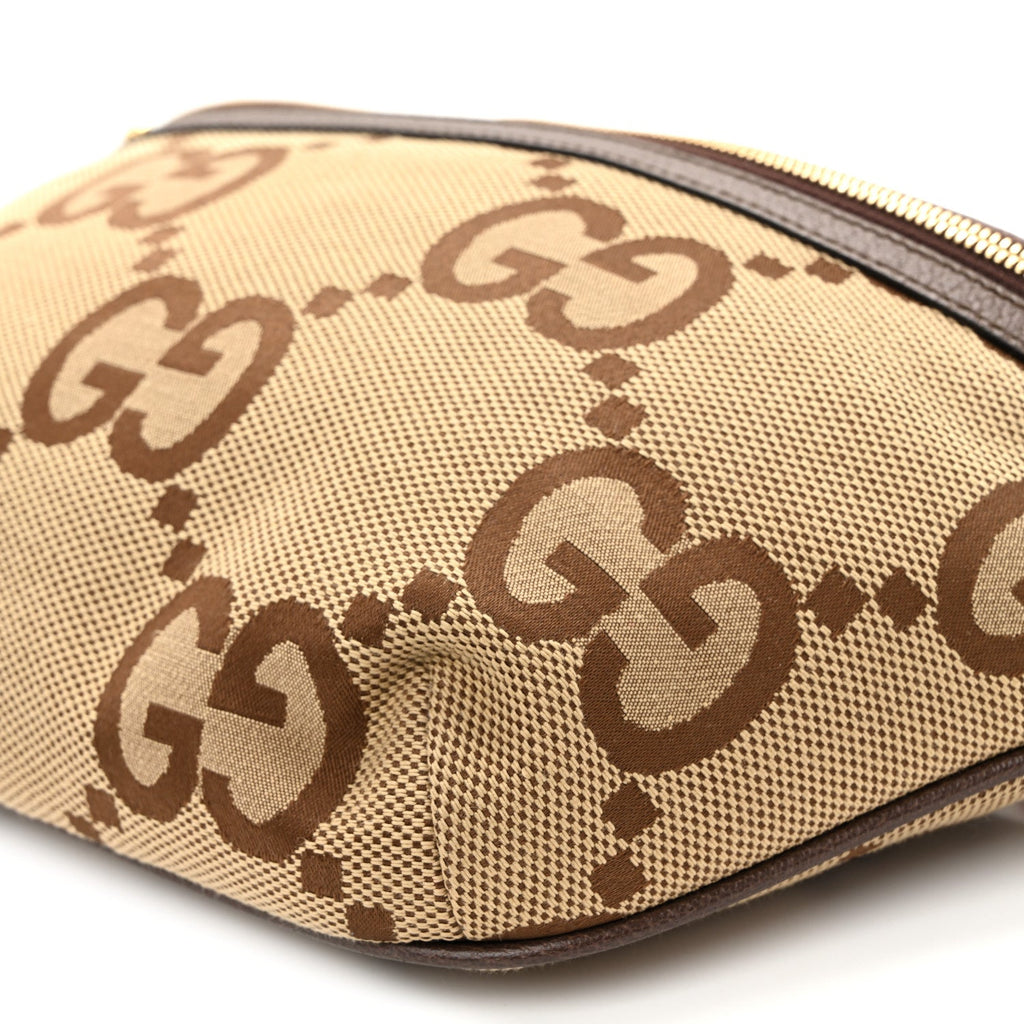 Monogram Jumbo GG Textured Dollar Calfskin Web Belt Bag Camel Ebony New Acero