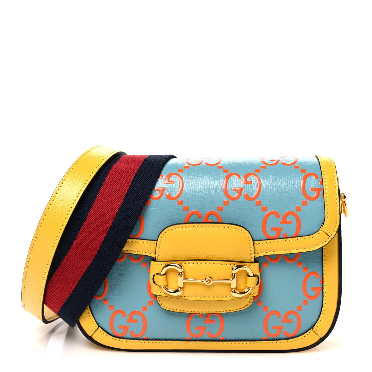 Azalea Calfskin GG Monogram Bi-Color Debossed Mini Horsebit 1955 Shoulder Bag Dusty Azure Stone Topaz Deep Orange