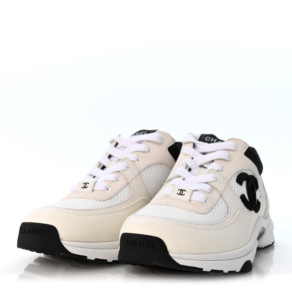 Mesh Suede Calfskin Grained Calfskin Womens CC Sneakers 37.5 White Black
