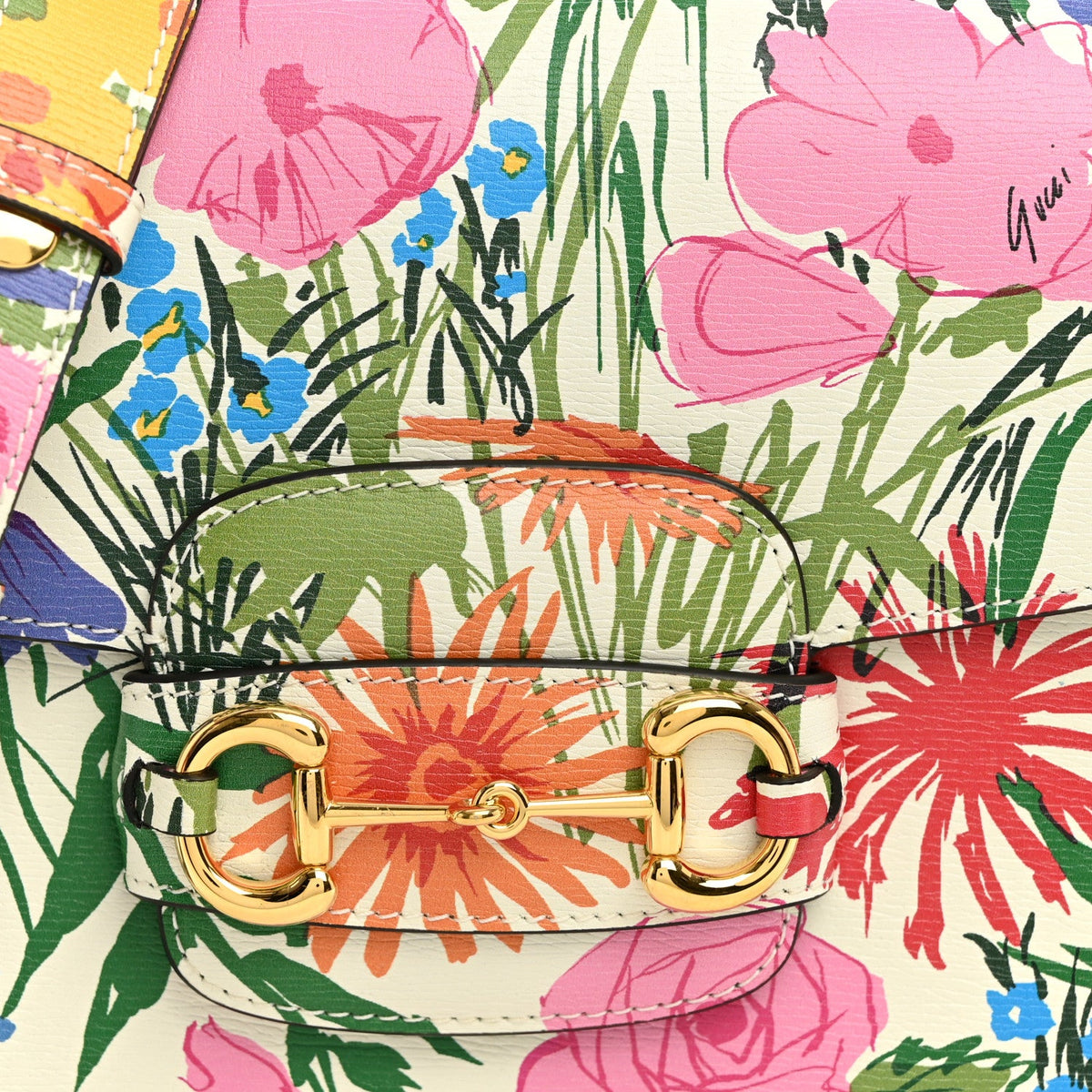 X KEN SCOTT New Shangai Calfskin Jardin D'Avril Floral Print Horsebit 1955 Shoulder Bag Ivory Pink Wild Rose