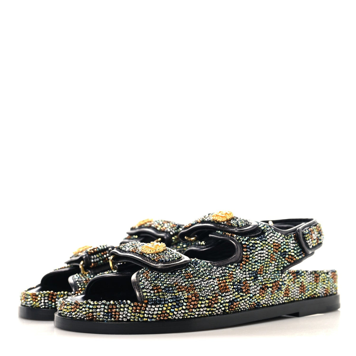 Grained Calfskin Crystal Velcro Dad Sandals 36.5 Black Multicolor