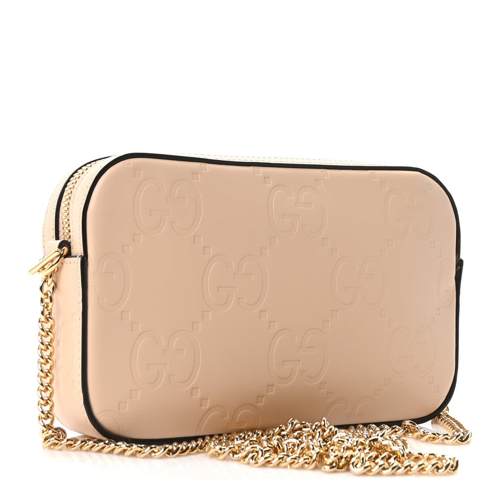Calfskin GG Super Mini Debossed Chain Wallet Light Beige