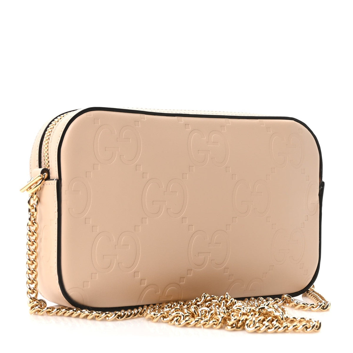 Calfskin GG Super Mini Debossed Chain Wallet Light Beige