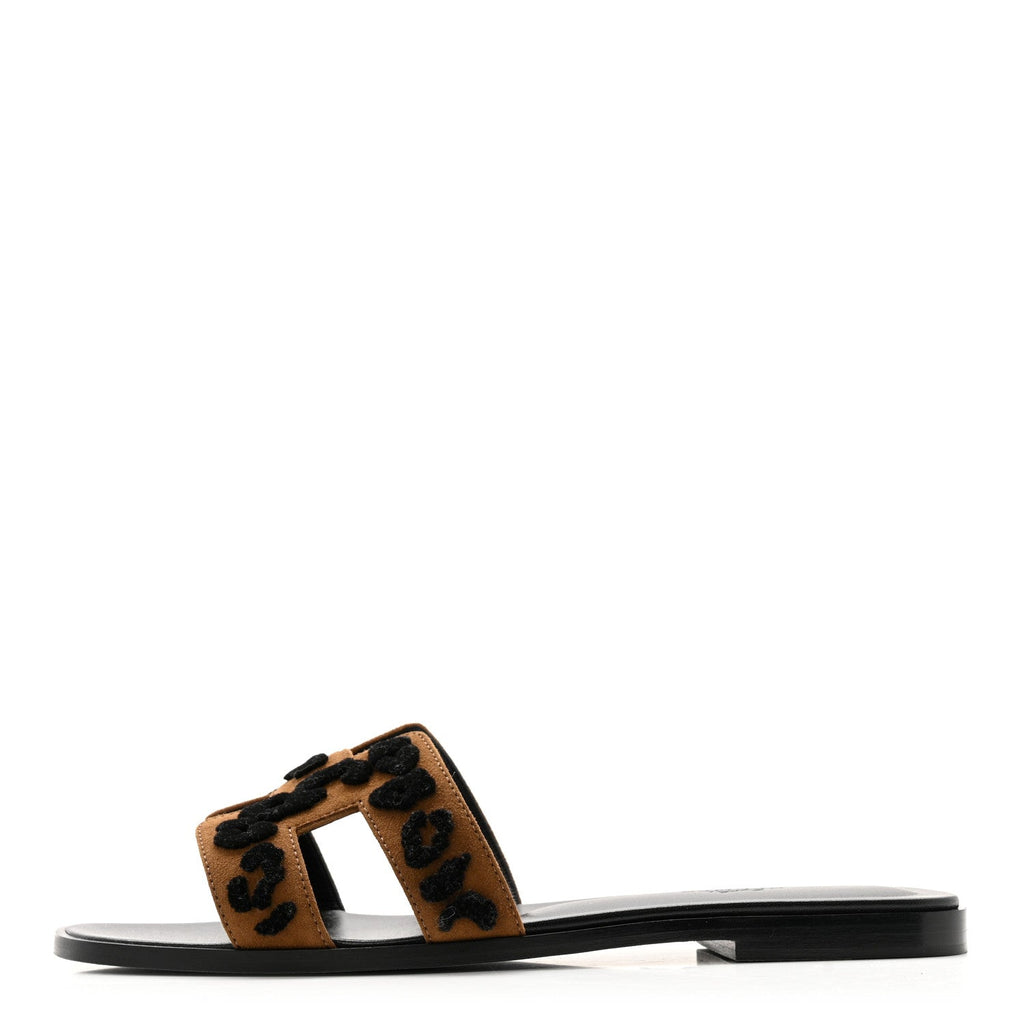Suede Goatskin Tufted Leopard Womens Oran Sandals 39 Brun Fume Black