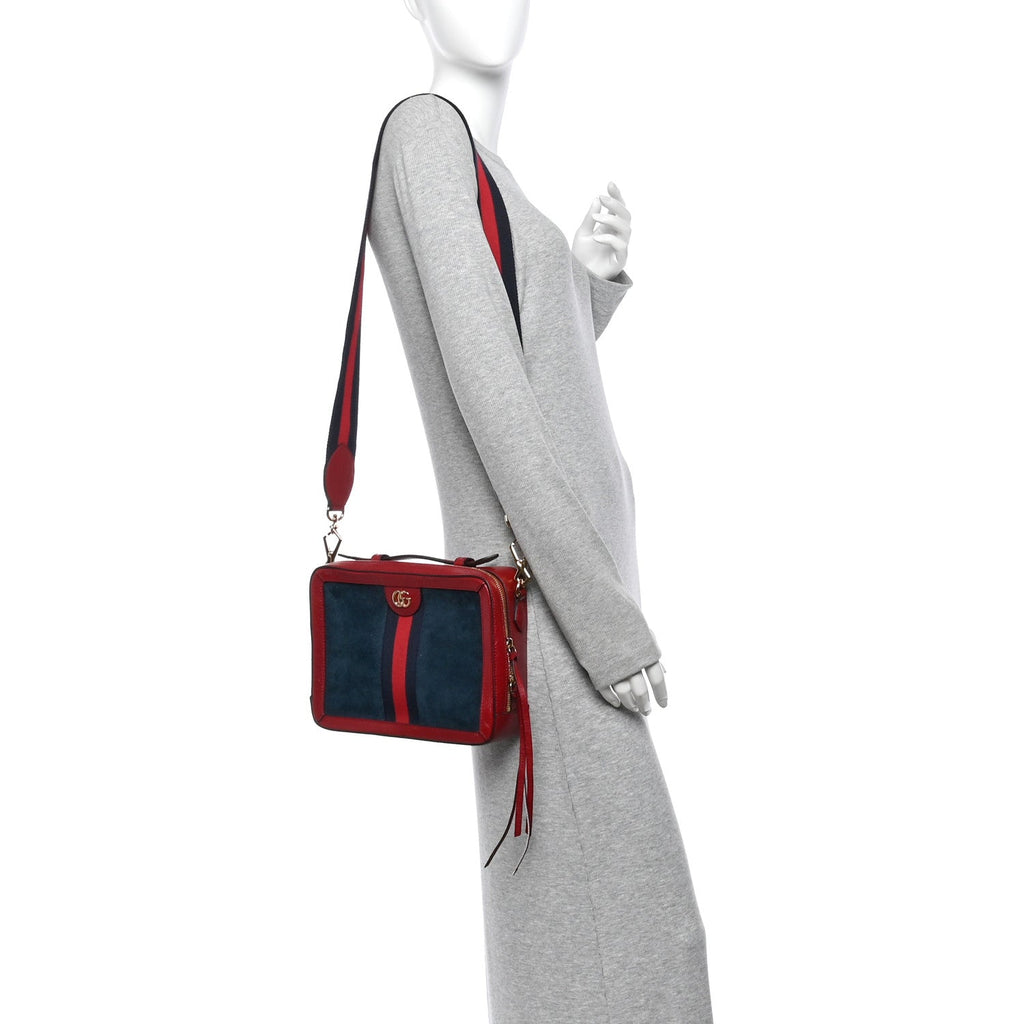 Suede Calfskin Web Small Ophidia Top Handle Shoulder Bag New Blue Romantic Cherry