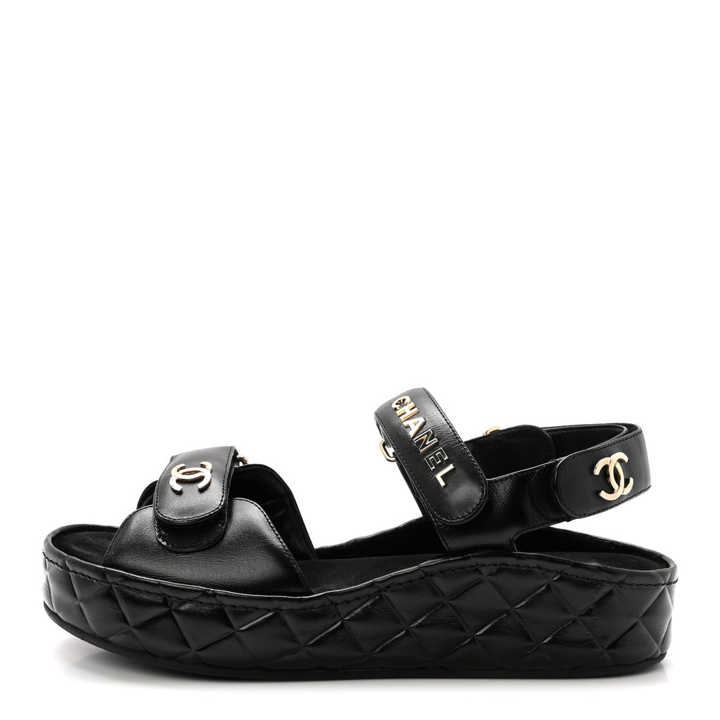 Shiny Calfskin Logo Platform Sandals 38 Black