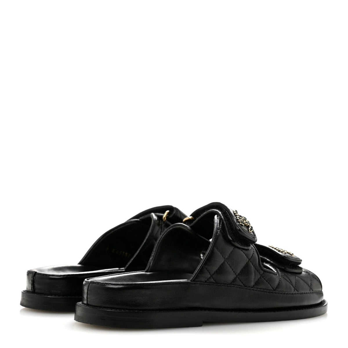 Lambskin Quilted Velcro Dad Chain CC Slide Sandals 36 Black