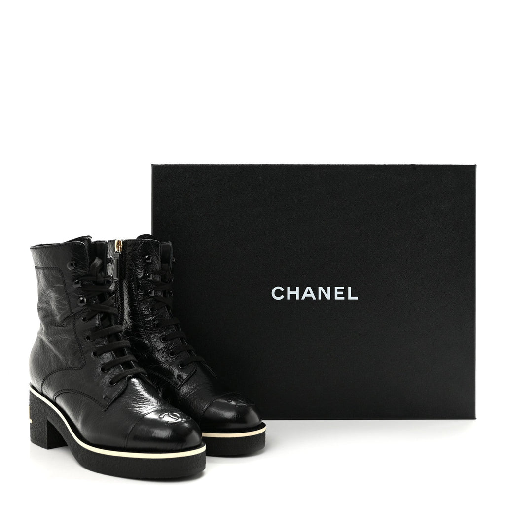 Shiny Crumpled Lambskin Lace Up Combat Boots 36 Black