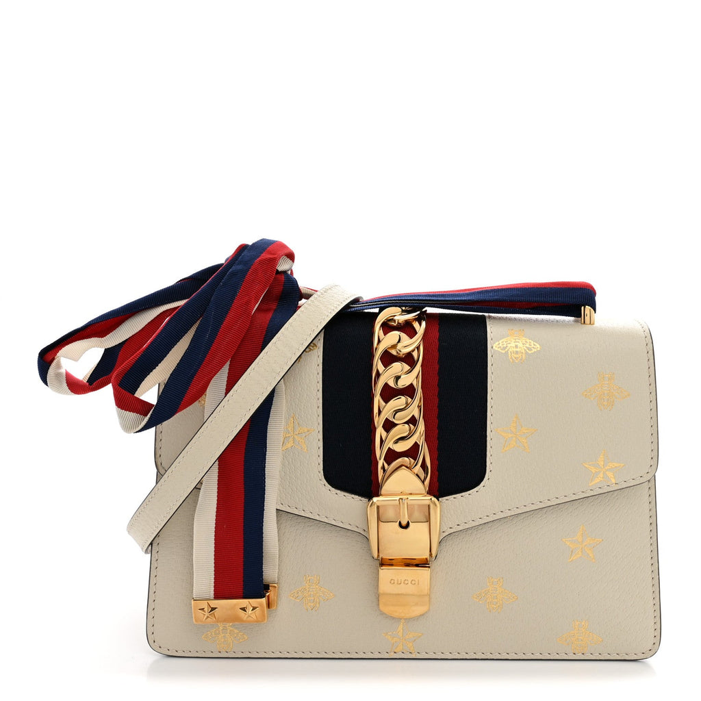 Textured Calfskin Bee Star Print Small Sylvie Shoulder Bag Mystic White