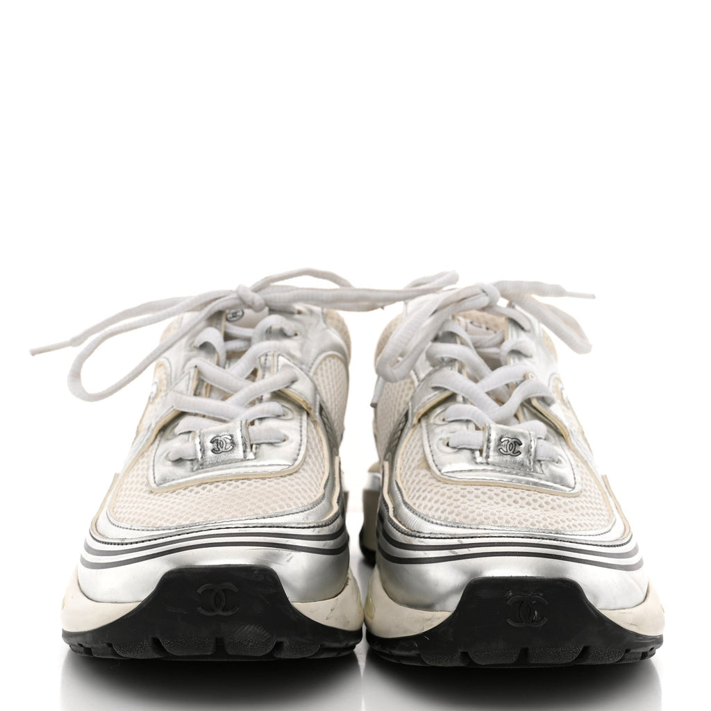 Fabric Laminated Calfskin Stretch CC Sneakers 36.5 White Silver
