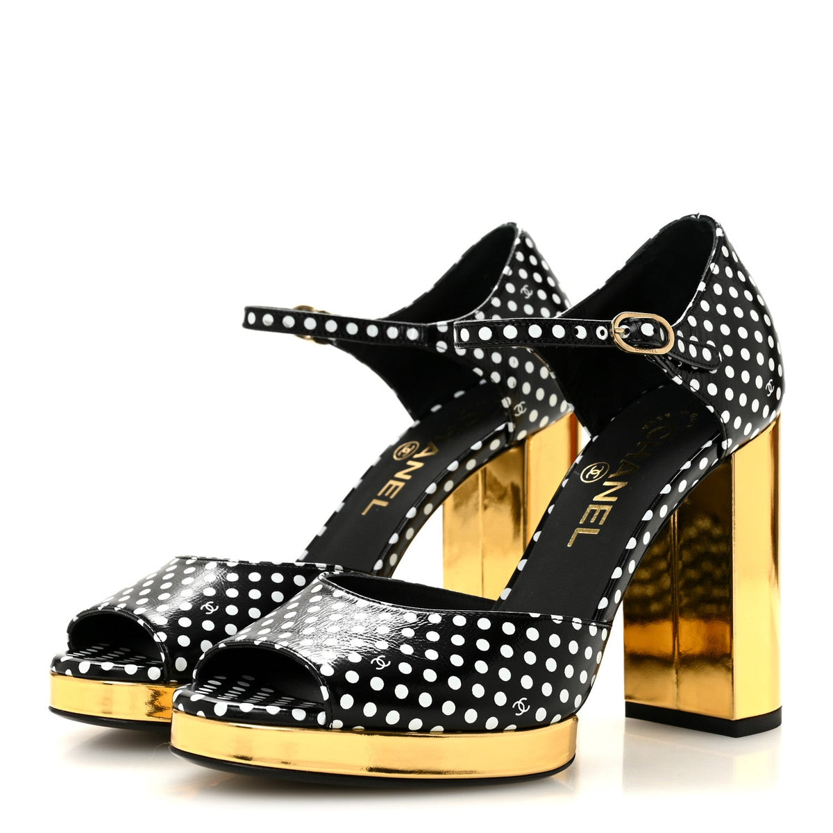 Printed Calfskin Polka Dot CC Platform Sandals 37 Black White