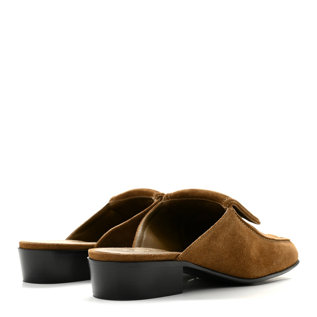 Suede Calfskin CC Turn Lock Mules 40 Dark Beige